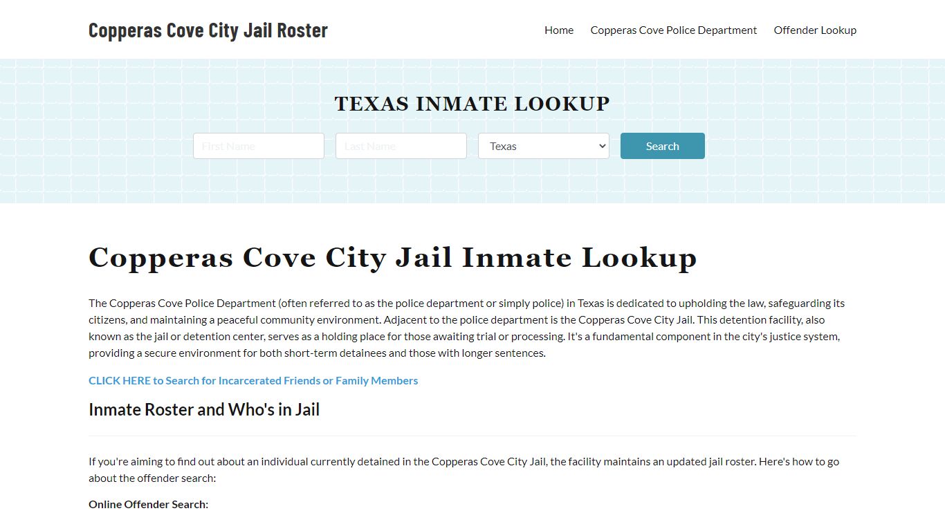 Copperas Cove Police Department Jail Inmate Lookup